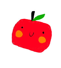 Cute Red Aplle with Green Leaf. Kawaii Style Vector Illustration with Happy Apple isolated on a White Background. Funny Fruit Print Perfect for Wall Art, Card, Poster. Lovely Nursery Art. RGB Colors.