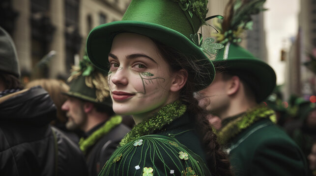 woman in st patrick's day parade. wearing green top hat. leprechaun cosplay.