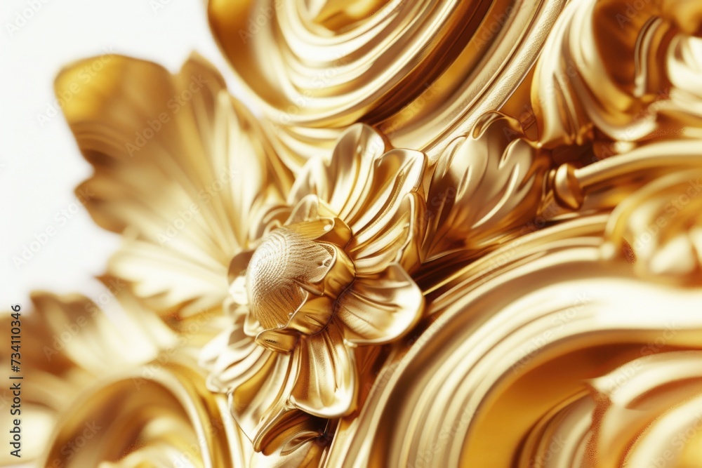 Poster a detailed view of a gold sculpture against a clean white background. perfect for adding a touch of 