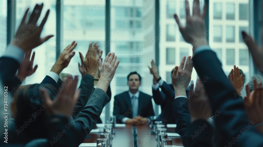 Poster a group of people sitting at a table with their hands raised. perfect for team building exercises or