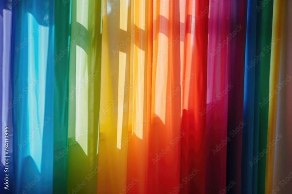 Aufkleber A vibrant rainbow colored curtain hanging in front of a window, creating a beautiful and colorful display. Perfect for adding a touch of brightness and cheerfulness to any space