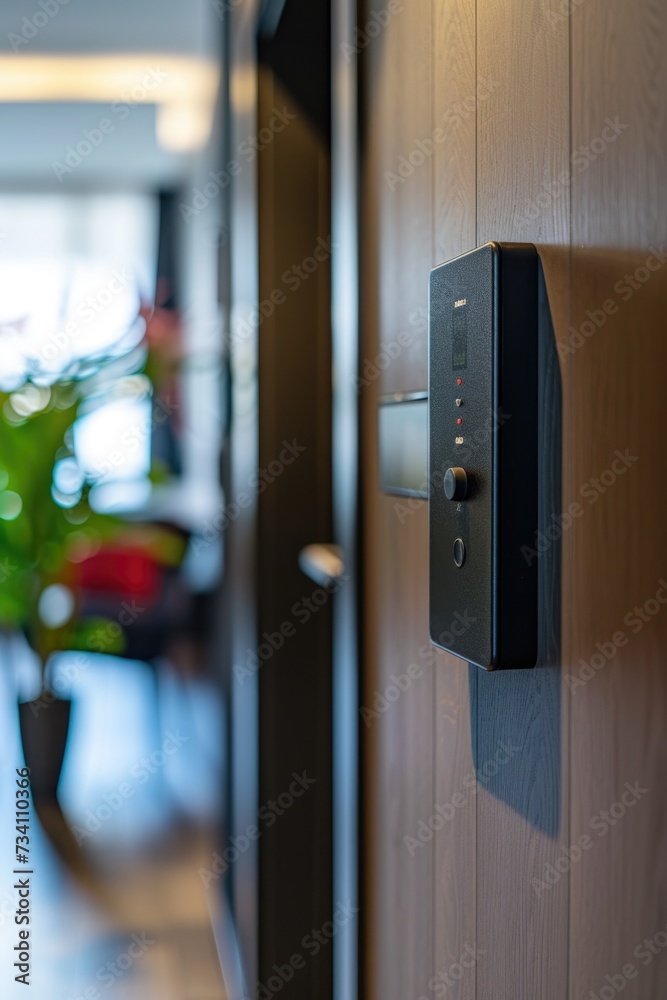 Poster a close-up view of a door handle on a wooden door. perfect for home decor and architectural themes