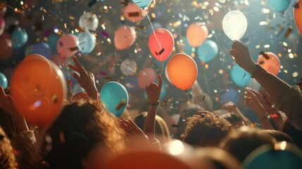 A lively crowd of people holding up colorful balloons and confetti. This image captures the excitement and joy of a celebration or special event. - obrazy, fototapety, plakaty