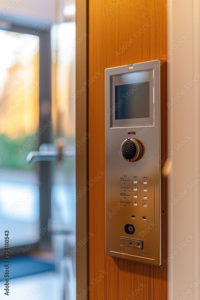 Poster a door with a button on the front. can be used to depict entrance, access control, or security
