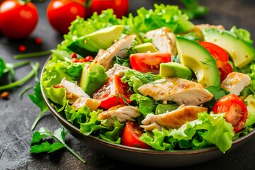 Wholesome garden salad filled with leafy greens, tender chicken and creamy avocado, a nourishing dish that combines natural produce and vegan nutrition in a colorful bowl
