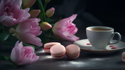 Fototapeta na wymiar Macarons and flowers and coffee sweet tasty biscuit