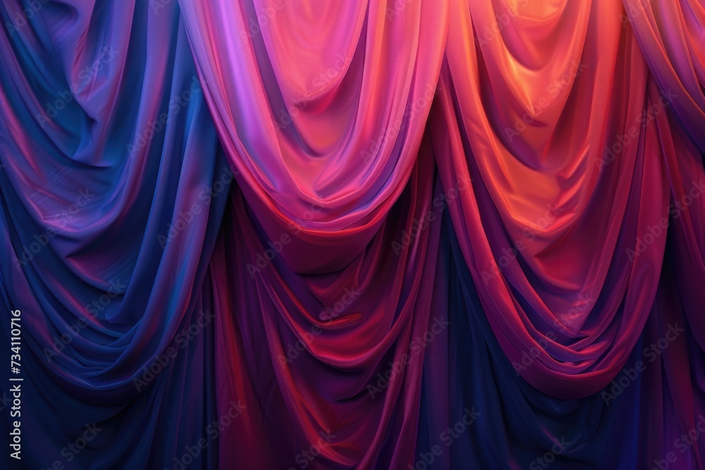 Poster a detailed view of a red and purple curtain. this image can be used for interior design projects or 