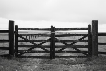 A black and white photo of a wooden gate. Suitable for various uses
