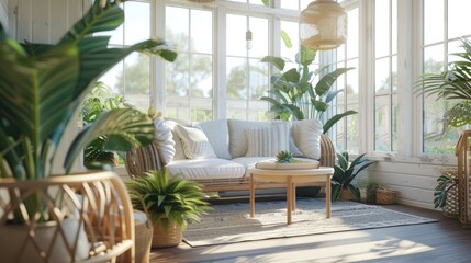 Obraz premium A vibrant living room filled with an abundance of plants. This picture captures the beauty of nature indoors and can be used to bring a fresh and organic feel to any design project