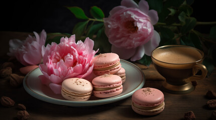 Obraz na płótnie Canvas Sweet macarons and pink peonies