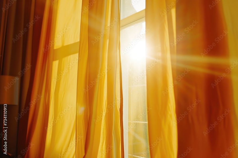Poster Sunlight streaming through window curtains. Perfect for adding a warm and cozy atmosphere to any space
