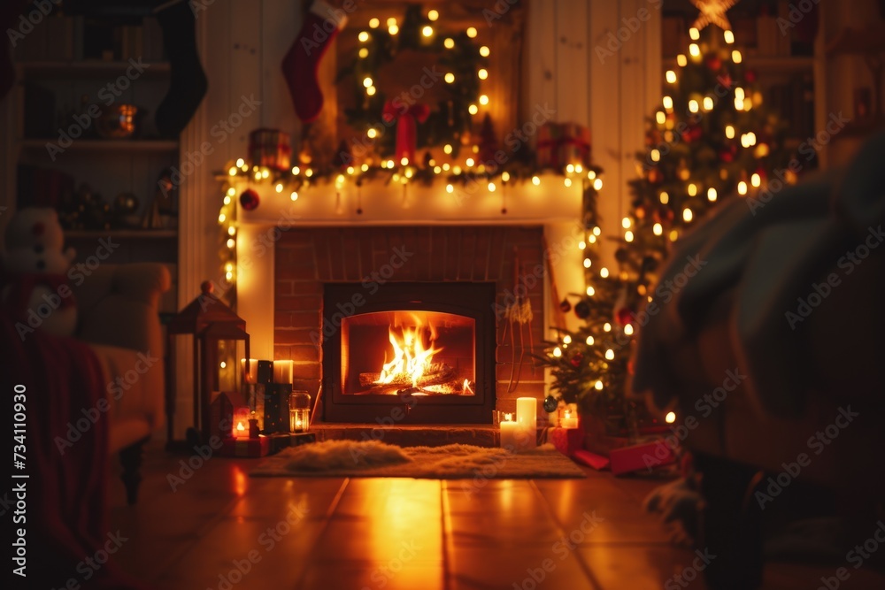 Poster a cozy fireplace with flickering candles and a beautifully decorated christmas tree in the backgroun