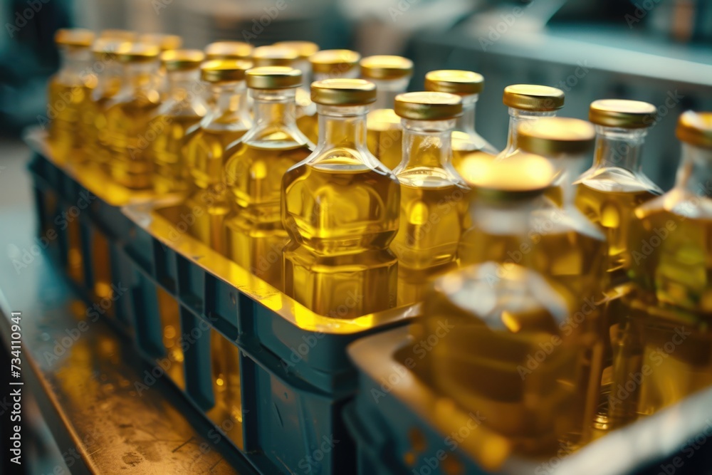 Poster A collection of oil bottles arranged neatly on top of a table. Perfect for use in cooking or as a backdrop for food-related designs