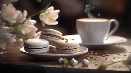 Obraz na płótnie Canvas White sweet macarons and flowers and cappuccino