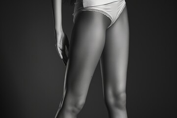 A black and white photo featuring a woman wearing underwear. This versatile image can be used in various creative projects