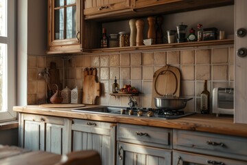 A picture of a kitchen featuring a stove top oven and wooden cabinets. Ideal for showcasing modern kitchen designs or illustrating cooking and home interior concepts