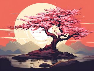 A simple illustration in red tones with a blossoming cherry tree on a sunset background.