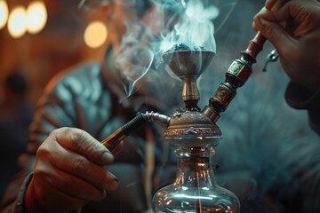 A man is seen smoking a hookah in a glass jar. This image can be used to depict relaxation and enjoyment in a unique setting - obrazy, fototapety, plakaty