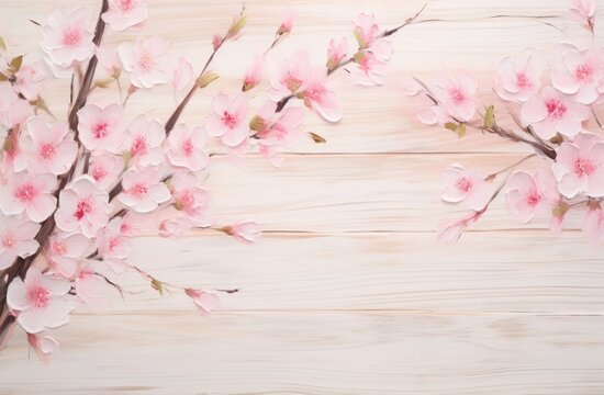 blossoms in pink on white wood background. sakura blossoms on wood