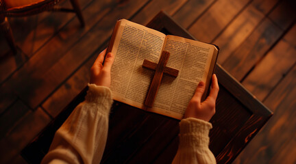 Female god believer holding wooden cross on opened holy bible book at light wooden church table. Top view. Concept of hope, religion, faith, christianity and god blessing. Warm background. Burgeoning