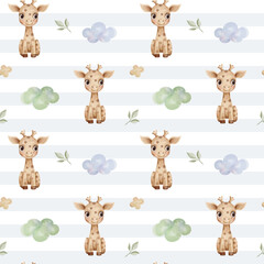 Seamless pattern with giraffe, clouds, cute childish wallpaper. Watercolor giraffe background in pastel colors