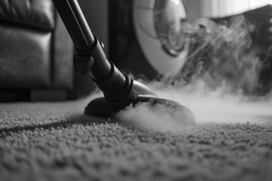 A person is seen vacuuming a carpet with steam coming out of it. This image can be used to depict cleaning, household chores, or professional cleaning services