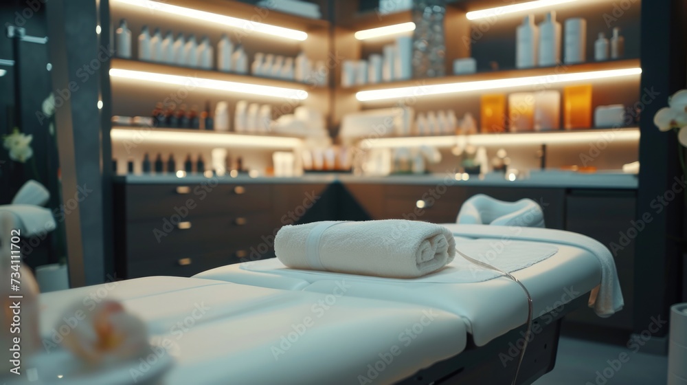 Poster a massage table with a towel on top. perfect for spa and relaxation concepts