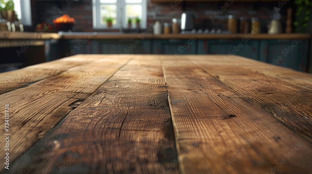 Poster a wooden table in a kitchen next to a window. perfect for showcasing a cozy and inviting kitchen set