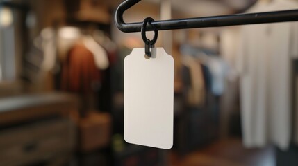 A white tag hanging from a clothes rack, suitable for product labeling and inventory management - obrazy, fototapety, plakaty