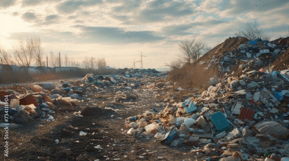 Poster a pile of garbage sitting on top of a dirt road. suitable for illustrating environmental pollution a