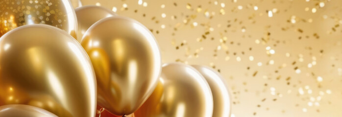 Banner Golden helium balloons with metallic glitter and confetti on gold background with space for text and design. Holidays, birthdays, wedding, party, decoration, coupon, store opening, discounts