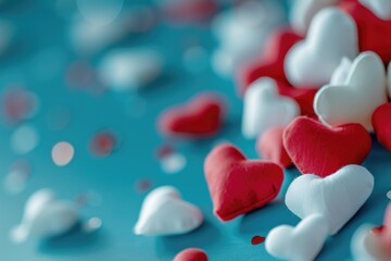 A collection of red and white hearts arranged on a blue surface. Perfect for Valentine's Day or romantic-themed designs - obrazy, fototapety, plakaty