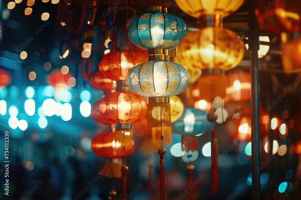Poster Colorful lanterns hanging from a ceiling. Perfect for adding a vibrant and festive touch to any event or venue