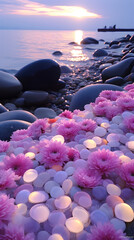 Sunset Beach with Pink Flowers and Sea Glass