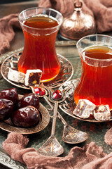 Traditional Turkish tea with traditional oriental sweet