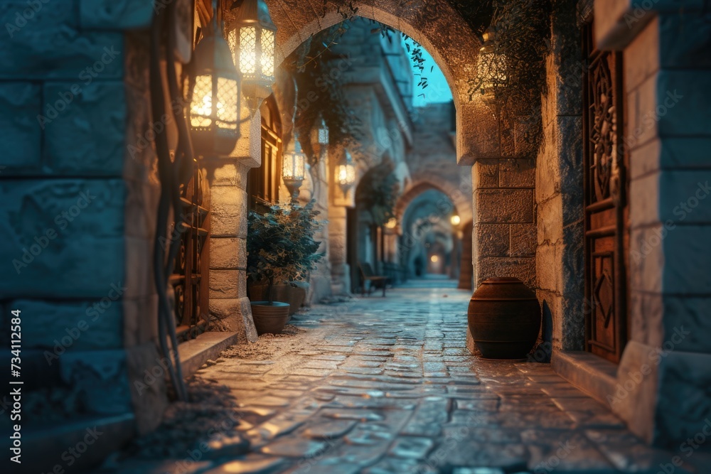Poster A narrow alley with stone walls and lanterns. Perfect for adding a touch of charm to any project