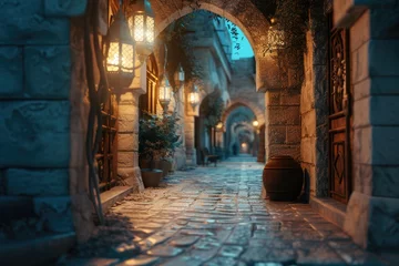 Papier Peint photo autocollant Ruelle étroite A narrow alley with stone walls and lanterns. Perfect for adding a touch of charm to any project