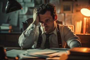 A troubled man in suspenders, his face etched with worry, sits at a cluttered desk, his hand grasping at his head as he tries to make sense of the chaos before him