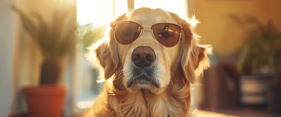 the golden retriever is wearing sunglasses in the sty - obrazy, fototapety, plakaty