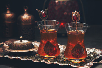 Traditionally served Turkish tea on copper tray