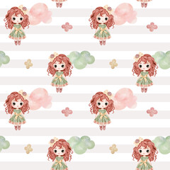 Seamless pattern with doll, clouds, cute childish wallpaper. Watercolor girls background in pastel colors