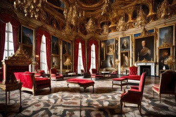 Fototapeta na wymiar interior of palace with red sofas and red tables for good view generated by AI
