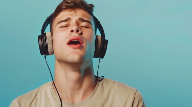 A man wearing headphones and a tan shirt. Versatile image suitable for various purposes