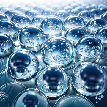 Cosmetic essence, liquid bubble, molecule inside liquid bubble against DNA water splash background. Hyaluronic acid. Generative image AI.