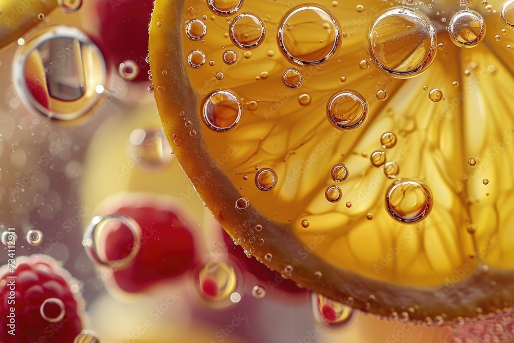 Poster A close-up view of a slice of lemon accompanied by fresh raspberries. Perfect for adding a refreshing touch to food and beverage themed designs