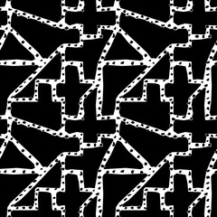 Seamless pattern. Figures ornament. Folk wallpaper. Simple shapes, spots backdrop. Embroidery background. Tribal motif. Ethnic mosaic. Digital paper, textile print, web design, abstract. Vector art