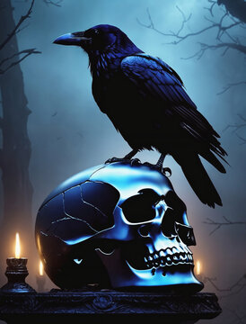 Black raven sitting on skull on forest background. Bird of death. Symbol of the sacred and mystical. AI generative image.