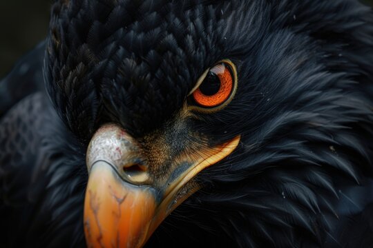 A detailed view of a black bird with vibrant orange eyes. Perfect for nature enthusiasts and birdwatchers