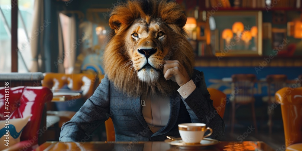 Poster a man wearing a suit is sitting at a table with a lion mask on his head. this image can be used for 