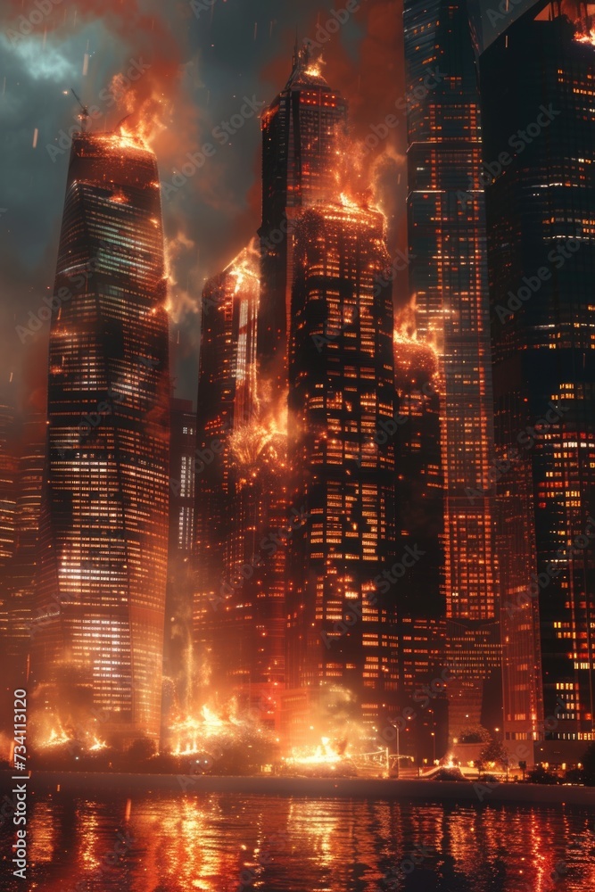Poster a captivating image of a city illuminated by a vibrant display of fire. this striking photo captures